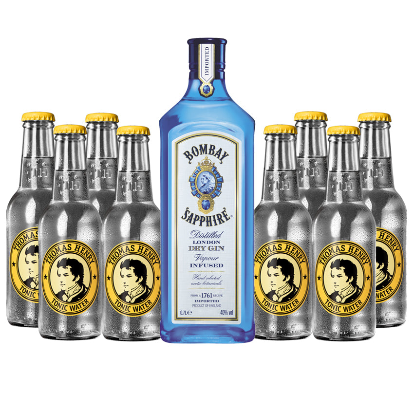 Bombay Sapphire Gin Tonic Paket - 1 Flasche Bombay Sapphire Gin 0,70l & 8 Flaschen Tonic Water 0,20l